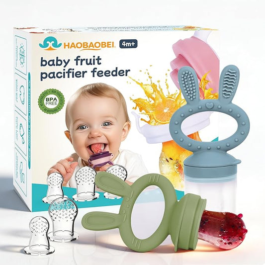 Baby Fruit Feeder Pacifier 2 Pack, Cute Bunny Silicone Food Feeder for Babies 4M+, BPA-Free Infant Teether for Fresh Fruit, Puree & Frozen Breastmilk, 4 Pouches