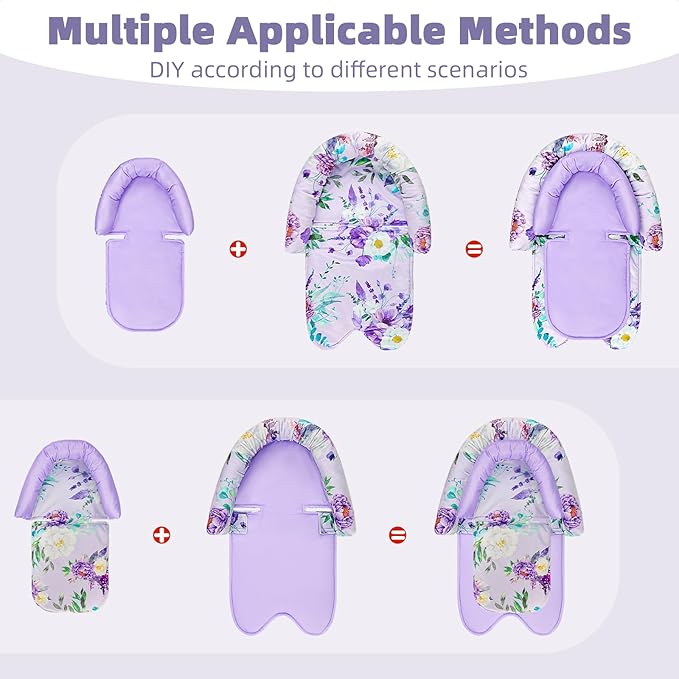 Baby Car Seat Head Support & Strap Covers, Upgraded 2-in-1 Infant Car Seat Insert Cushion for Newborn Girls, Mesh & Minky Fabric, Perfect for Carseat, Stroller, Swing, Extra Soft, Purple