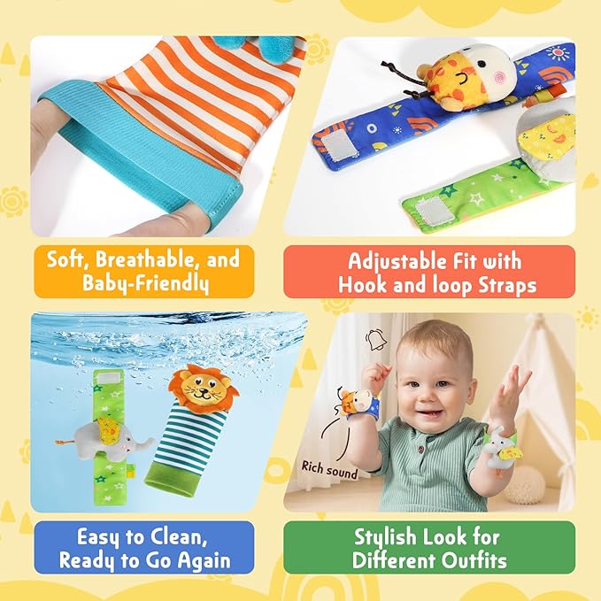 URMYWO Wrist Rattles for Baby - Rattle Socks - Foot Finder Set - Baby Toys for 0-12 Months Infant - Newborn Essentials - Early Learning Sensery Toys for Boy Girl as Shower Gifts Easter Basket Stuffer