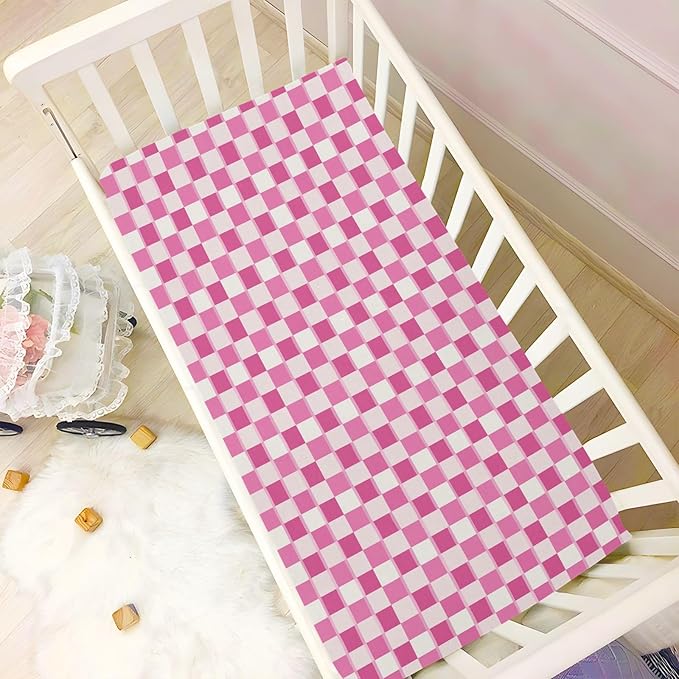 Fitted Crib Sheets Pink Checkered Stretchy Portable Playard Sheets for Baby Toddler, Breathable Soft Mini Crib Mattress 39 x 27 in for Boys and Girls