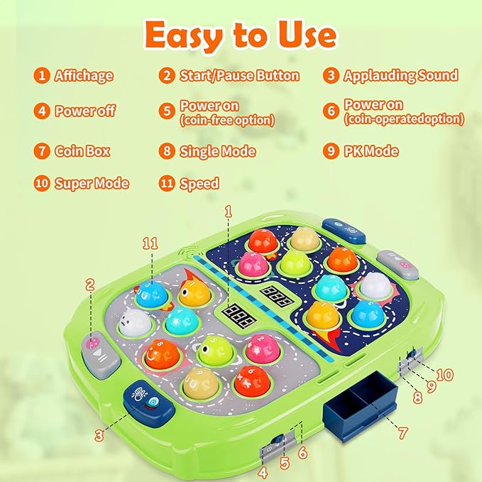 WAYKEE Whack a Game Mole, Toys for Ages 3-4 5-7 8-12 Boys Girls, Whack Game for Toddlers, Gifts for 3 4 5 6+ Year Old Boys Girls, Early Learning Educational Toys with 2 Hammers Sound & Light