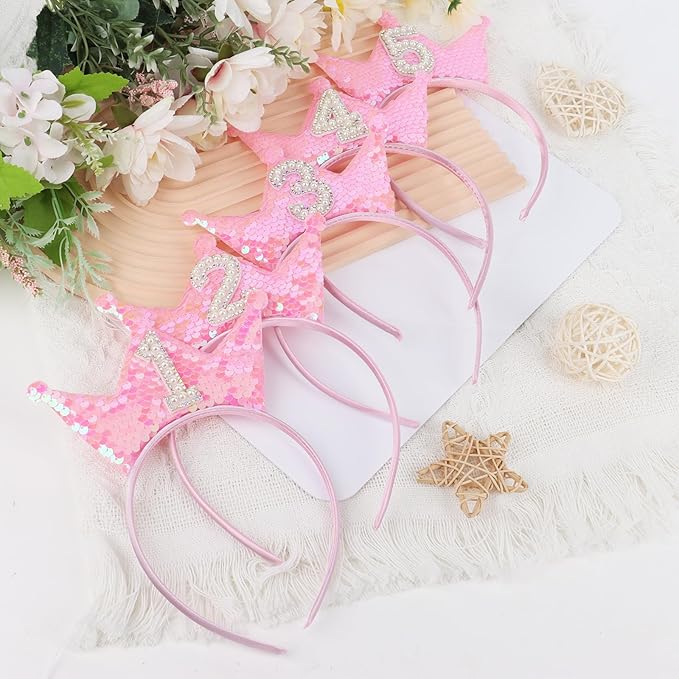 Birthday Crown Headband Pink Glitter Birthday Headbands for Girls 5 Year Old Girl Gift 5th B-day Decorations Girl