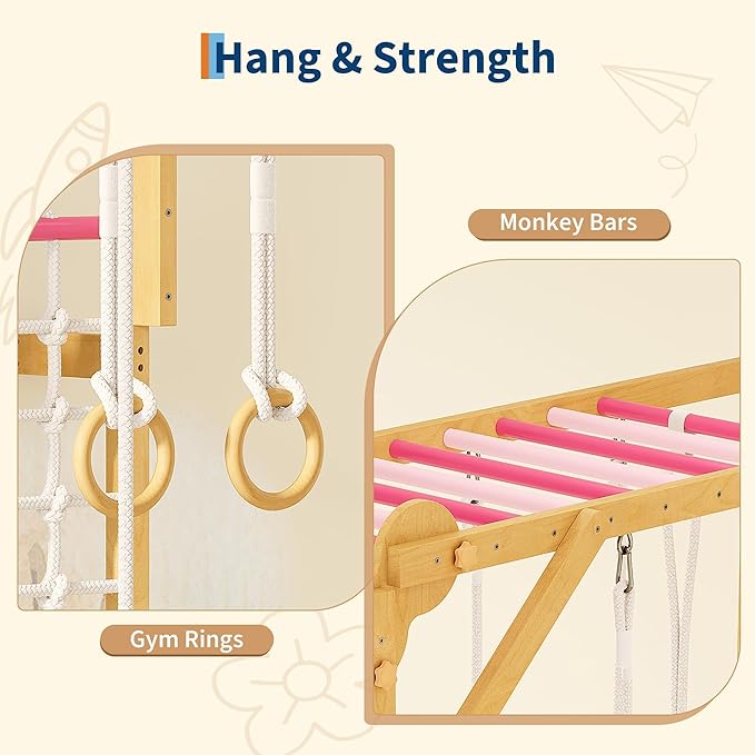 PeakPursuit 8-in-1 Indoor Jungle Gym for Kids Ages 3-10, Wooden Climbing Structure with Slide, Swing, Monkey Bars, Gymnastic Rings, Climbing Rope – Indoor Playground Toy – Natural Wood Pink