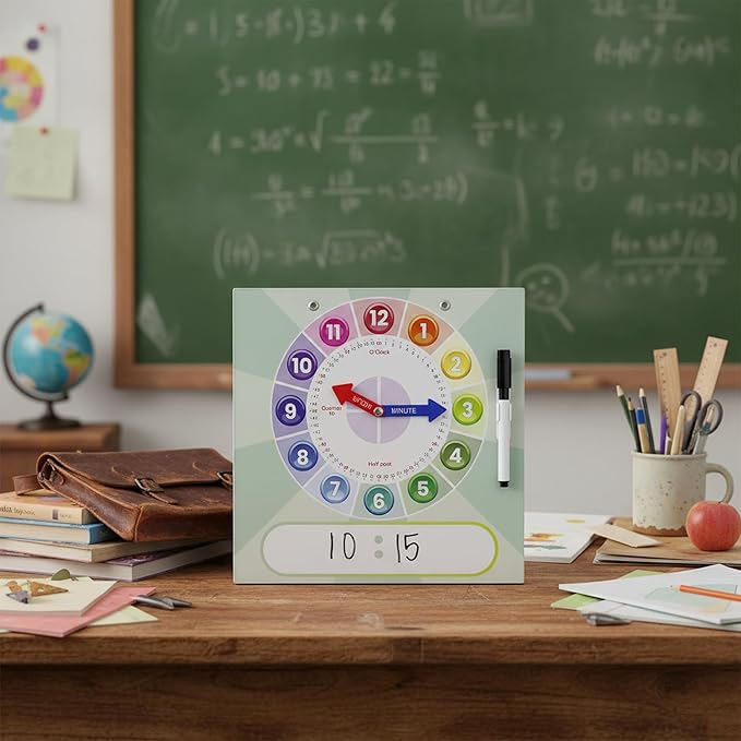 Kids Teaching Clock with Moveable Arms, Dry Erase Surface, Magnetic Hanging Strips, Educational Learning Tool for Time-Telling Skills. Perfect for Classrooms and Homes