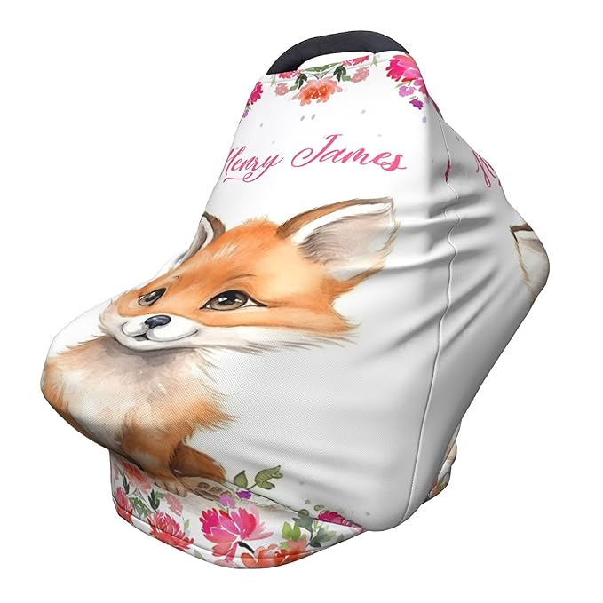 Personalized Car Seat Covers with Name, Fox Baby Canopy Carrier Cover, Breathable Breastfeeding Nursing Cover, Stretchy Multi-Use Infant Carseat Stroller Cover
