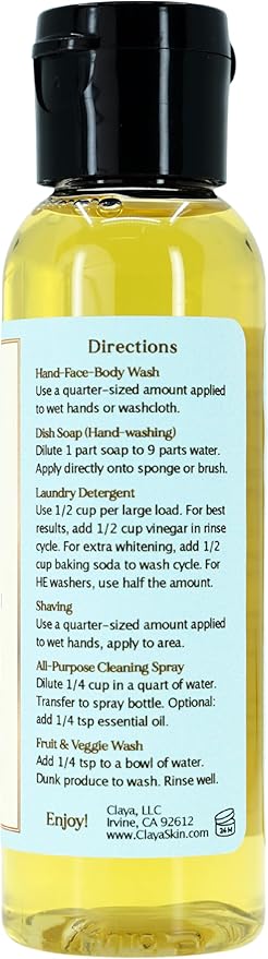 Claya Unscented Liquid Castile Soap – Organic Ingredients, Biodegradable, Gentle for Sensitive Skin and Versatile Use (Travel Size 2 fl oz)