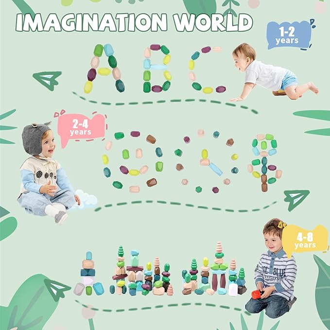 YHHYTOY 40 PCS Wooden Stacking Rocks Building Blocks Forest Theme, Sensory Learning Montessori Toys for 3 4 5 Year Old Kids, Preschool Educational STEM Toys Toddler Games Birthday Gifts for Girls Boys