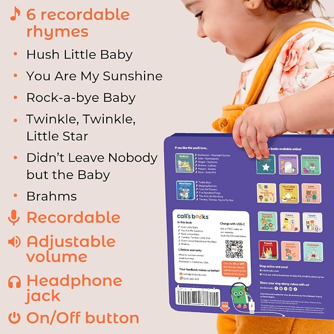 Cali's Books Hush Little Baby Recordable Music Book Toddlers 1-3 Years Old - Lullaby Rhymes Musical Book, Headphone Jack, Interactive Sound Book, Voice Recording Song Toy Children Girls Toddler Boys