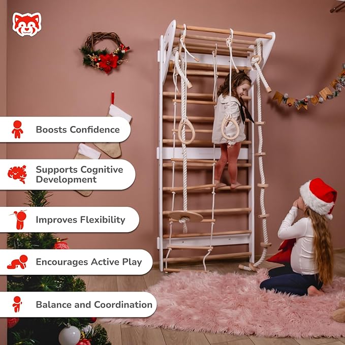Wood And Hearts Swedish Ladder for Kids with Rope Accessories - Indoor Jungle Gym, Indoor Jungle Gym for Kids Ages 3-16, Indoor Climbing Gym (Swedish Ladder of 2 Parts (White))