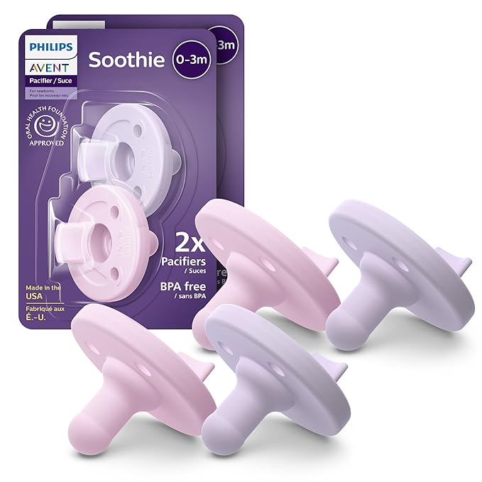 Philips Avent Soothie Baby Pacifiers - 100% Silicone Pacifiers for Babies 0-3 Months, One-piece Design, BPA-Free, Extra Durable, Lilac and Pink, 4 Pack, Model SCF190/70