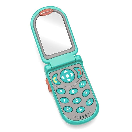 Infantino Flip and Peek Fun Phone: Bilingual with 3 English & 3 Spanish Phrases, Sounds Effects for Engagement, Peek a Boo Mirror Inside, 2 Colors, Ages 3 Months +