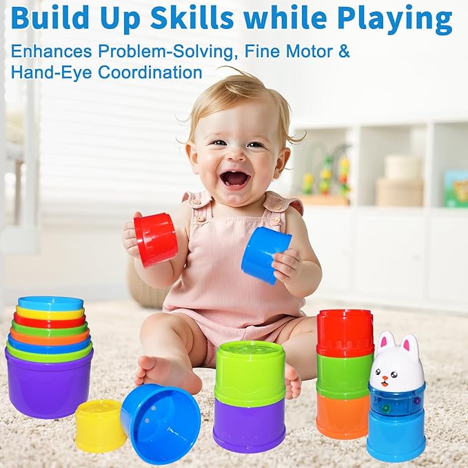 WEEJOYGAM Baby Stacking Cups, Nesting Stacking Toys for Toddlers 1-3 Montessori Toys for 1 Year Old Girl Boy Easter Basket Stuffers Birthday Gift 0-6 6-12 Month Cause and Effect Color Stack Blocks Set