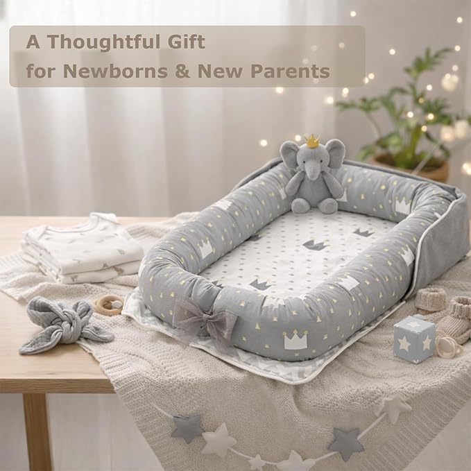 Baby Lounger for Newborns & Infants 0–24 Months, 100% Cotton Breathable Infant Support Cushion with Adjustable Size, Portable Baby Nest for Home and Travel, Baby Shower Gift(Crown Grey)