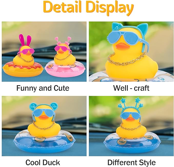 wonuu Car Duck Rubber Duck Car Ornaments Duck Car Dashboard Decorations with Cute Headband Swim Ring Necklace Sunglasses, B-Pink Double Heart Headband