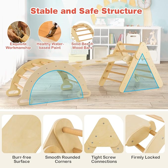 HONEY JOY 5 in 1 Wooden Climbing Toys for Toddlers, Triangle Climber with Ramp for Sliding or Climbing, Indoor Beech Montessori Triangle Climbing Arch Set for Daycare, Gym & Playground, Natural