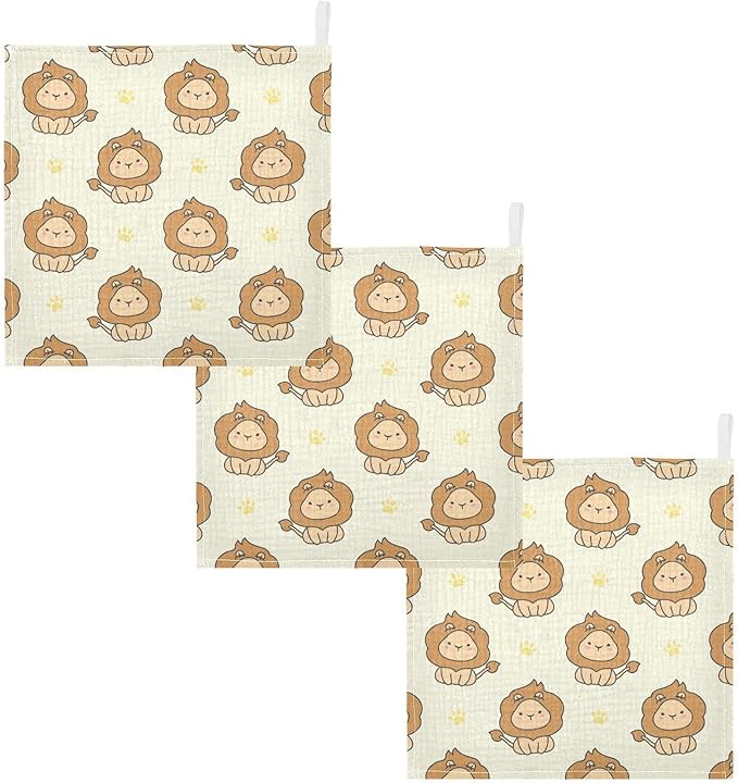 vvfelixl Baby Washcloths Cotton Cute Lion Baby Muslin Washcloths Soft Baby Face Towel for Newborn Infants Baby Wipes, 11.8 X 11.8 Inch, 3 Pack Yellow