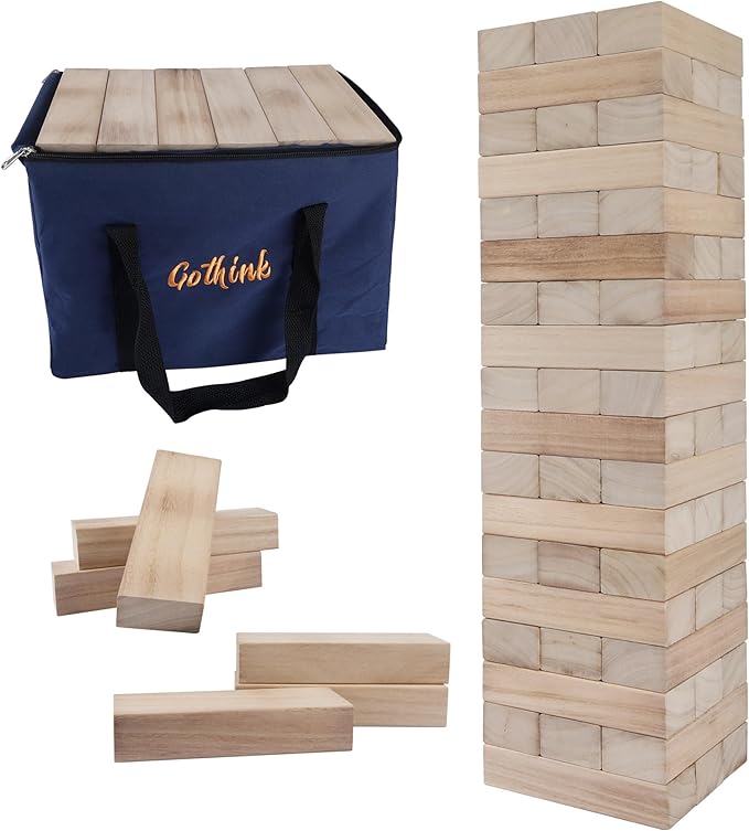 GOTHINK Giant Tumble Tower Game, Large Tumbling Tower Stacking to Over 4 FT 54pcs Wooden Jumbo Blocks for Outside Yard Games with Carry Case Timber Stacking Game Night Toy Gift for Kids Adults Family