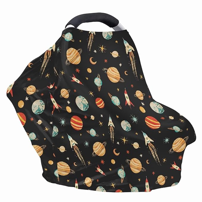 GIFTPUZZ Planet Rocket Stretchy Car Seat Cover for Babies, Nursing Cover Breastfeeding Cover for Baby Boys, Soft Breathable Infant Carseat Canopy, Shopping Cart/High Chair/Stroller Covers