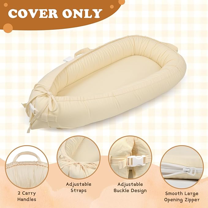 Baby Lounger Cover for Boys and Girls, Beige 100% Cotton Baby Nest Cover, Breathable Replacement Cover for Infant and Newborn Snuggle Me Lounger, Cover Only