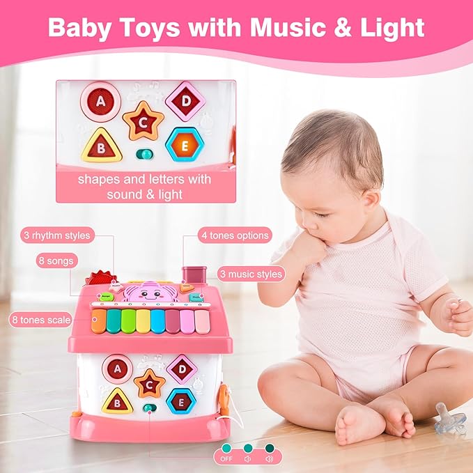 Toddler Girl Toys for 1 Year Old, Montessori Toys for 1 Year Old Girl Birthday Gift, 8 In 1 Pink Baby Musical Learning House with Sound Light Music, Creative Gifts for Baby Toys 6-12 18 Months
