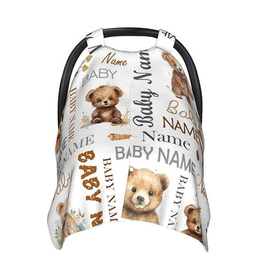 Personalized Baby Car Seat Cover Winter Custom Minky Carseat Cover Boy Girls with Name Bear Carseat Canopy Customized Car Seat Canopy Infant Carrier Covers Nursing Cover Toddler Blanket