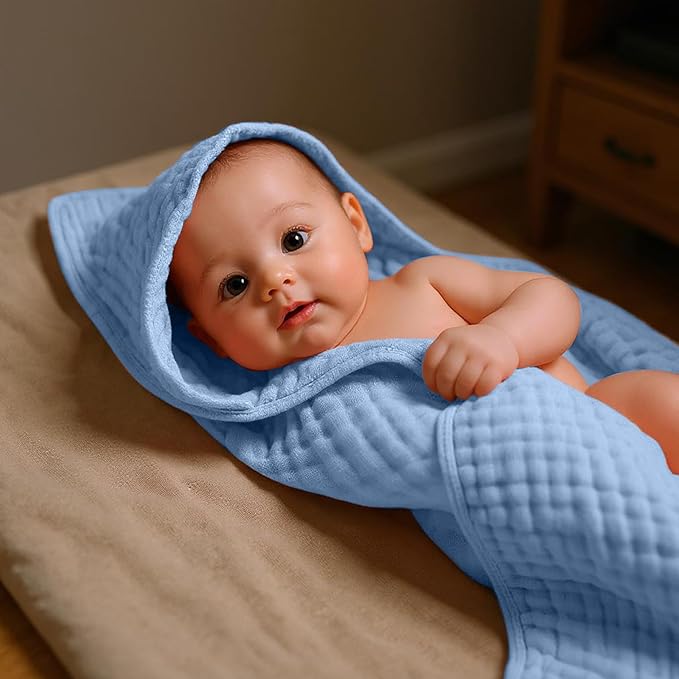 VitalCozy 8 Pcs Baby Muslin Hooded Bath Towels and Washcloths Muslin Cotton Hooded Baby Towels Absorbent Blankets for Gift Newborn Infant Shower (32 x 32 Inch,Gradient Blue)