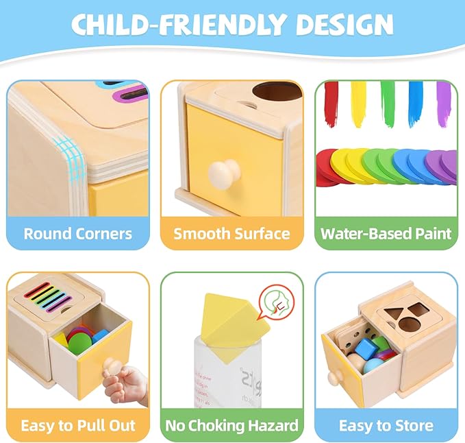 YHHYTOY Montessori Toys for 1+ Year Old, 4 in 1 Object Permanence Coin Box, Ball Drop Color Sorting Sensory Fine Motor Skills Toys Shape Sorter for Toddlers 1-3, Gifts for 1 2 3 Year Old Girls Boys