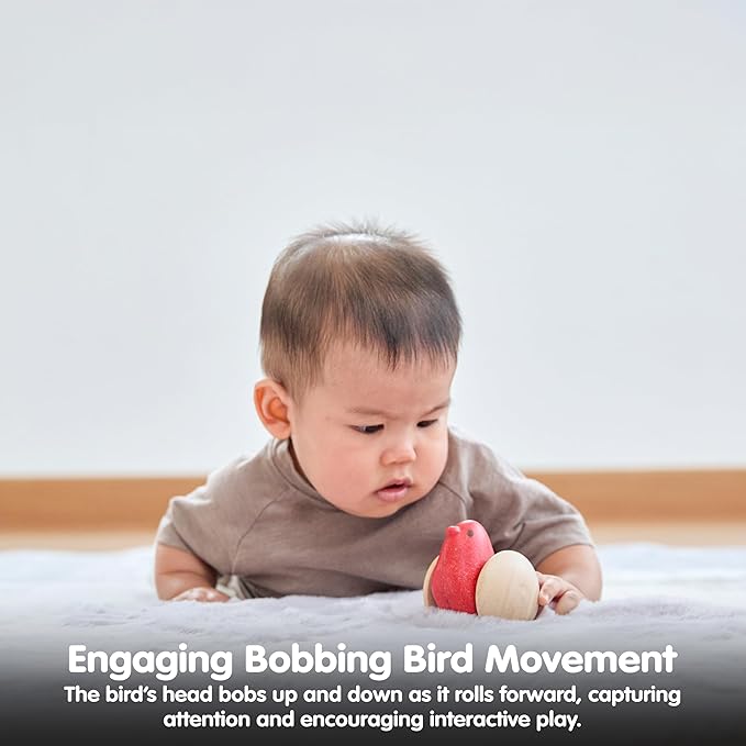 PlanToys® Wooden Bird Roller Toy | Montessori Inspired Rolling Toy for Crawling, Visual Tracking & Motor Skill Development | Eco Friendly Push & Chase Activity for Babies