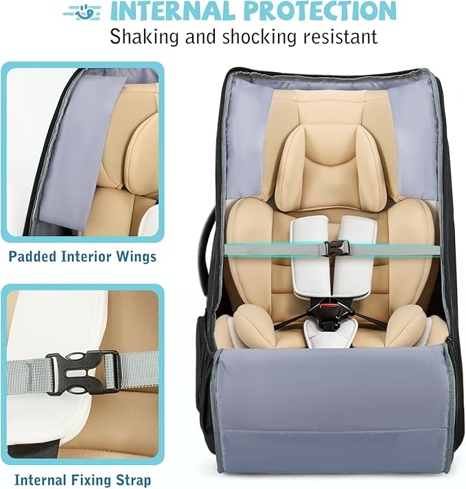 RAINSMORE Car Seat Travel Bag for Airplane Padded Car Seat Backpack Heavy-duty Car Seat Cover for Air Travel Gate Check Carseat Carrier Bags for Airport Fits Infant Carriers & Boosters