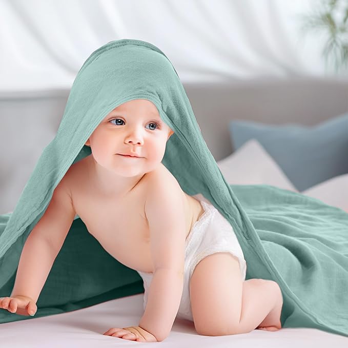 Preboun 4 Pcs Muslin Hooded Baby Towels,32"x 32" Cotton Newborn Bath Towel Muslin Infant Baby Blankets Absorbent Unisex Newborn Registry Gift for Girls Boys(Green Series)