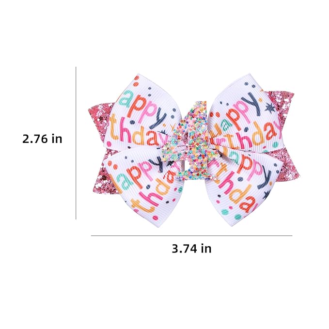 4" Glitter Happy Birthday Hair Bow Clips for Girls Ages 1-6, Pink Ribbon Cheer Bow Barrettes Alligator Hairpins, Confetti Ice Cream Party Dress Accessories, Her 4th Birthday Gift