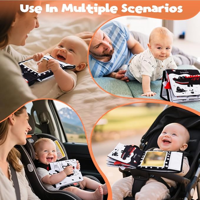Black and White Baby Books for Newborn, Tummy Time Mirror, Baby Mirror Infant Toys with Soft Cloth Book, High Contrast Baby Toys, 3D Activity Crinkle Pages Sensory Tummy Time Toys for Babies