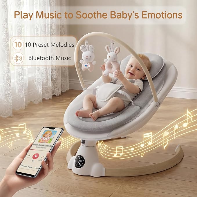 Baby Swing for Infants, Portable Electric Baby Swings with Bluetooth, 5 Swing Speed, 10 Lullabies, 5-Point Harness, Remote Control & Touch Panel - Infant Swing for Indoor & Outdoor Use, Wood Grain
