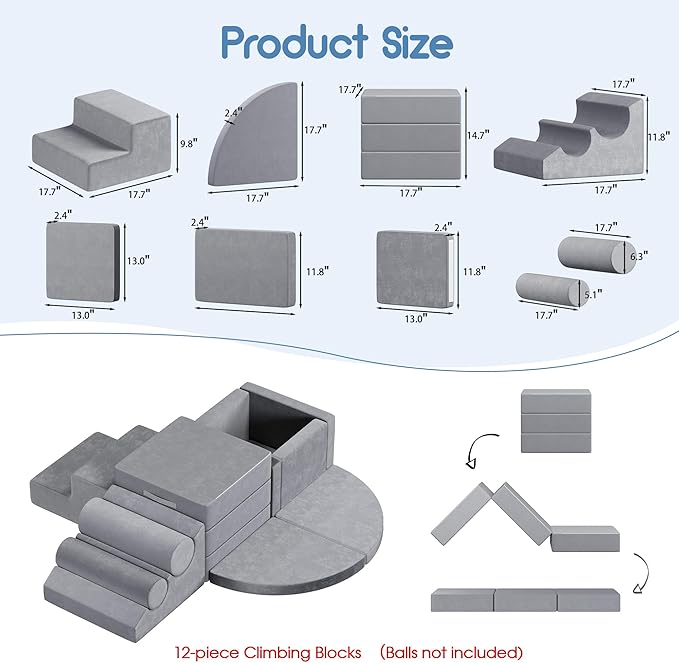 smilesun 12 PCS Foam Climbing Blocks for Toddlers with Ball Pit, Safe Soft Play Gym Set，Baby Kids' Indoor Playground Foam Blocks for Crawling, Climbing Motor Skills Development（Gray）