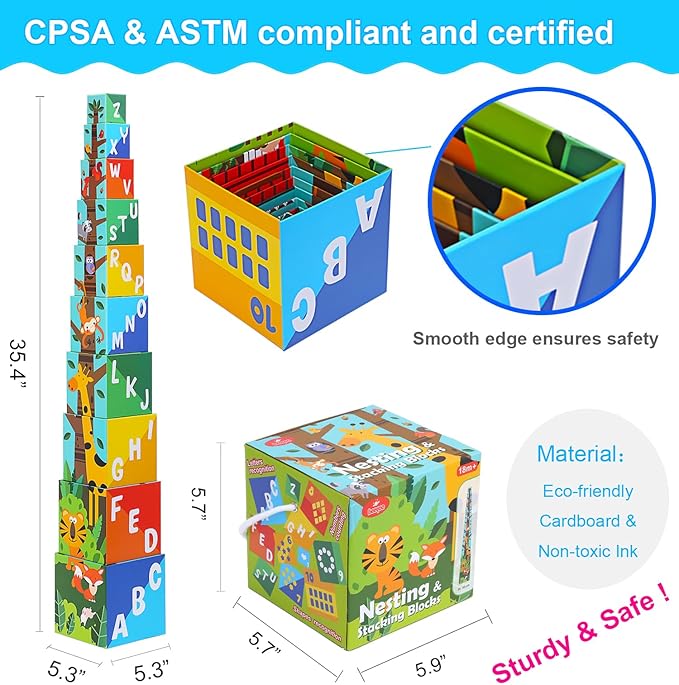 10 Pcs Nesting and Stacking Blocks for Toddlers 1-3 - Cardboard Stacking Cubes with ABC & Numbers - Montessori Educational Learning Toy - Sturdy Toddler Tower Building Set for Kids