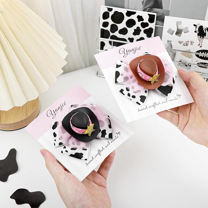 YanJie 3.5’’ Cowgirl Hat Bow Clips for Girls Western Hair Accessories Rodeo Outfit Cow Print Bows for Girl Birthday Gifts Back to School Clip