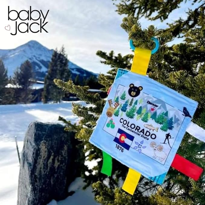 Baby Jack & Co 8x8” Learning Lovey Colorado State Tag Stroller Toy for Babies - Crinkle Toys for Developing Five Senses - Learn About Capitals - Travel with Baby Jack - BPA Free Clip
