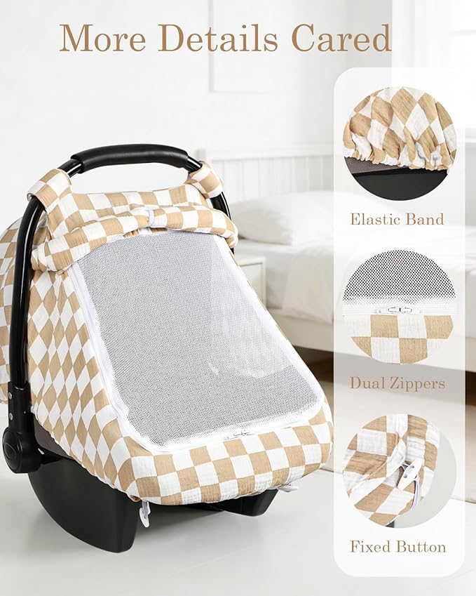 DILIMI Car Seat Covers for Babies, Muslin Cotton Baby Car Seat Cover with Breathable Mesh Window, Summer Infant Car Seat Canopy for Boys Girls Newborn, Brown Plaid