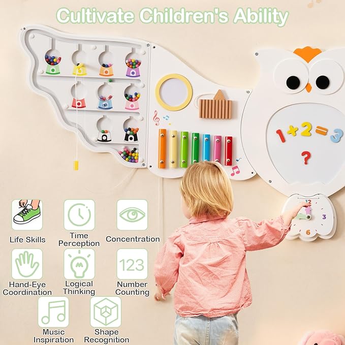 Olakids Owl Sensory Wall, 11 in 1 Wooden Montessori Busy Board Panel with Magnetic Whiteborad Mirror 26 Accessories, Toddler Wall Mounted Activity Center Educational Toys Learning Gift (White Owl)