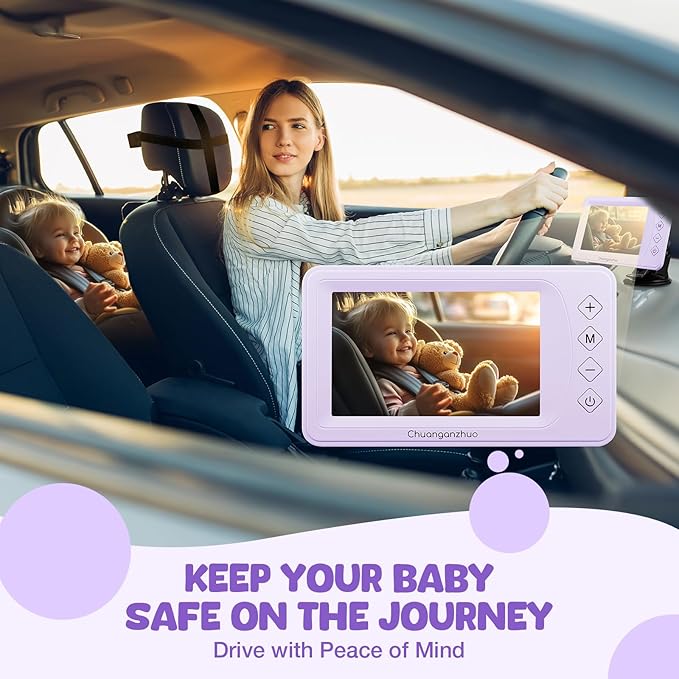 Baby Car Camera with Advanced Crystal-Clear Night Vision, 3X Zoom, USB Powered, 5'' AHD 1080P IPS Car Baby Monitor, Backseat Camera for Kids Infants Rear Facing Mirror, 5inch, Purple