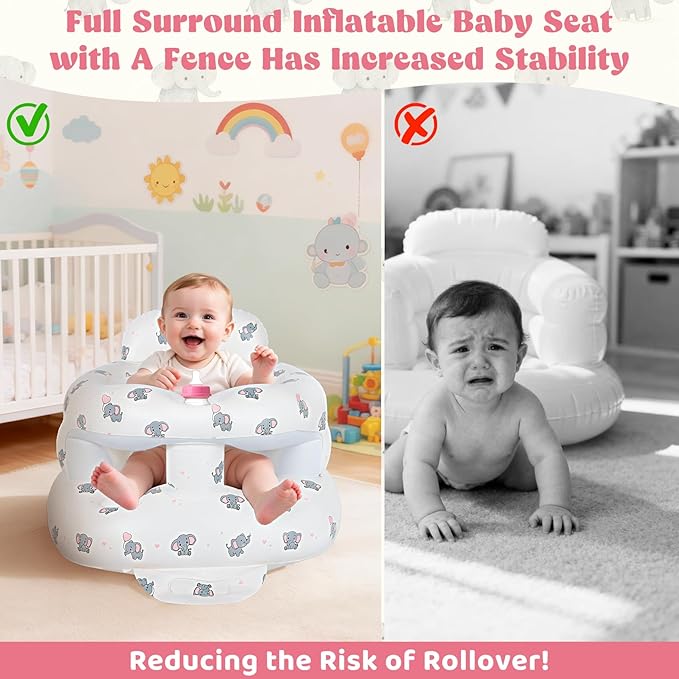 Inflatable Baby Seat for 3-36 Months, Baby Seats for Infants for Sitting Up with Back Support Built in Air Pump, Surround Sit Me Up Floor Seat for Baby Chair for Learning Sit, Feeding (Elephant)