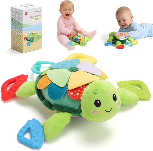 Turtle Baby Sensory Toy, 6 in 1 Montessori Tummy Time Texture Toys, Flip Scales & Multi-Textured Belly & Rattle Squeaker Teethers, Early Educational Shower Gifts for Baby Boy Girl Birthday Gifts
