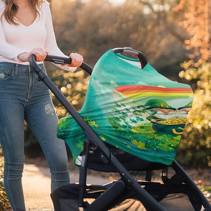 Wanyint Baby Car Seat Cover High Chair Canopy Shopping Cart Cover Soft Breathable Baby Breastfeeding Protector for Breastfeeding Mothers for Saint Patrick's Day Decor, Gnome Clover Gold Coin