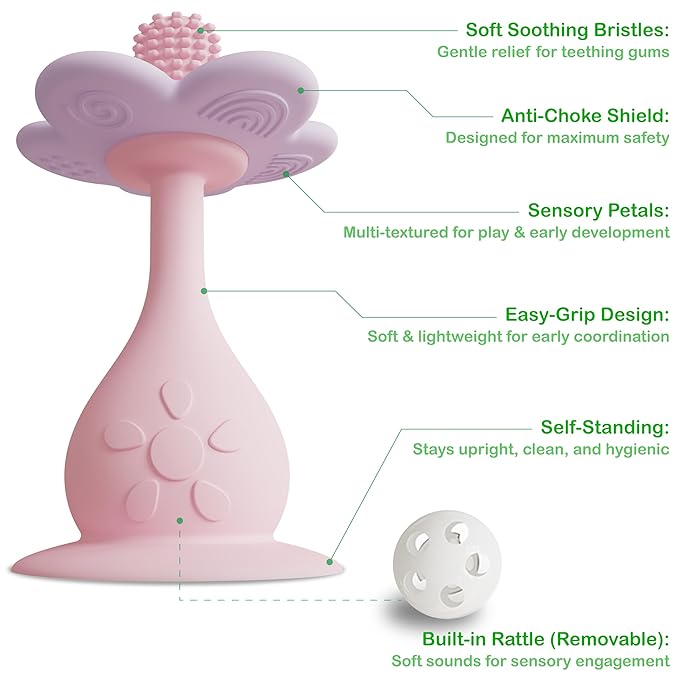 Baby Flower Teether Rattle Toy, Sensory Toy for Baby 0-24 Months, Teething Relief Chewing Toy for Infant, BPA Free Food Grade Silicone Teether (Pink)