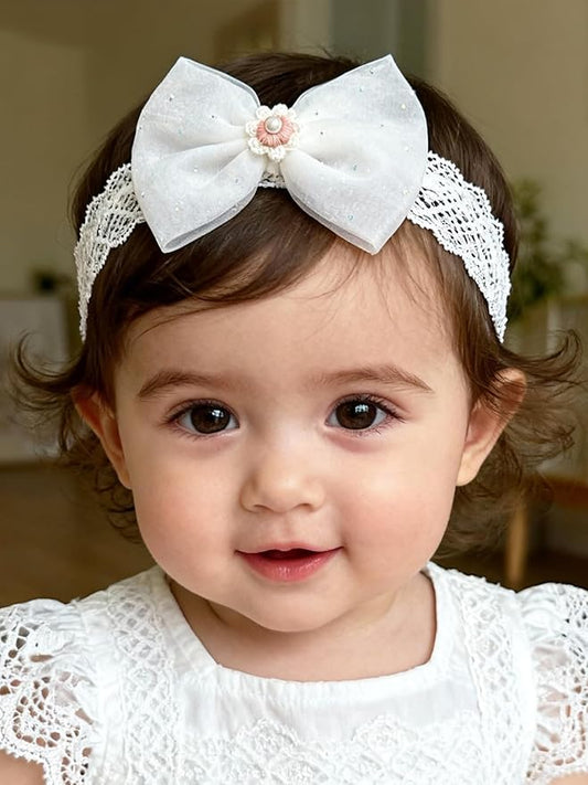 Baby Girls Headband White Bow Lace Headbands Soft Elastic Bowknot Hairbands Cute Hair Accessory for Newborn Kids Infant Toddler Baptism Birthday Party (Pink Flowers)