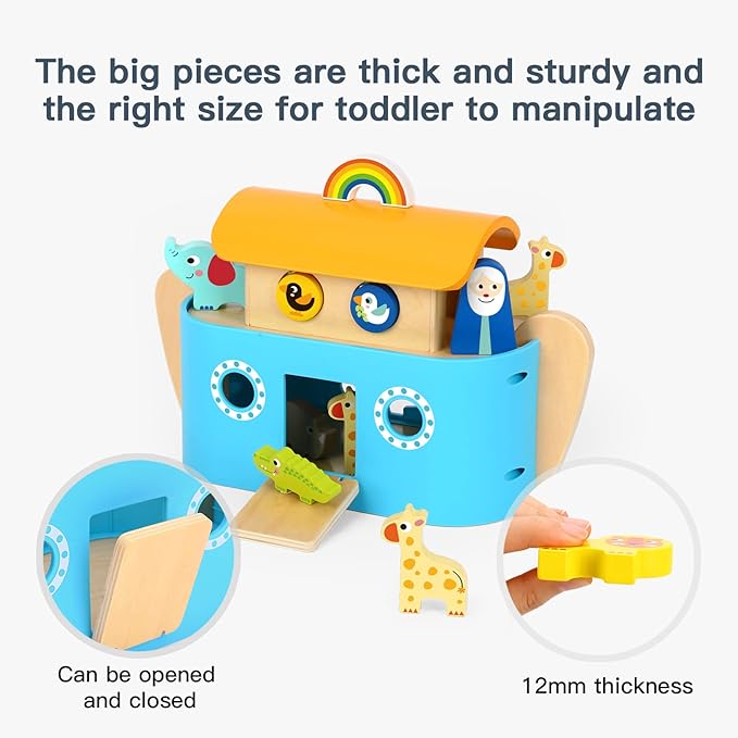 TOOKYLAND Noah's Ark Toys for Toddlers Wooden Animal Shape Sorter Toys, Baptism Gifts for Boys and Girls, Bible Story Toy with Story Book, Montessori Educational Toys for 2 3 4 Year Old