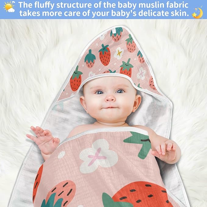 Pink Strawberry Baby Boys Girls Bath Towel Fruit Summer Hooded Towels Newborn Toddlers Organic Cotton Washcloths Shower Beach Towel 35 x 35 Inch