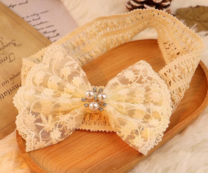 Lace Flower Bow-knot Baby Girls Headband Birthday Infant Wrap Elastic Baby Turban Hairband for Newborn Infant Toddler Kids (Ivory Pearl)