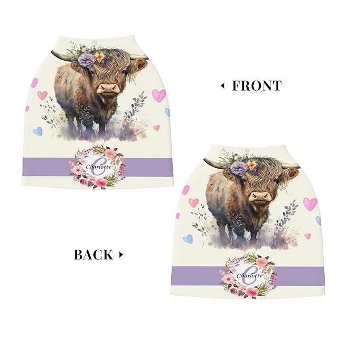 Personalized Highland Cow Baby Car Seat Cover with Name,Multi-Use Canopy for Nursing, Strollers,Shopping Carts,Customized Breastfeeding Cover, Full Privacy,Infant Stroller Cover