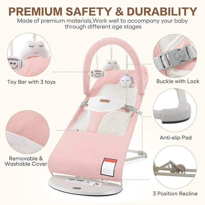 Baby Bouncer, Foldable Infant Bouncer Seat with 3 Adjustable Heights, 0-18 Months, Portable Baby Bouncer with Soft Cotton Fabrics, Lightweight & Easy to Wash